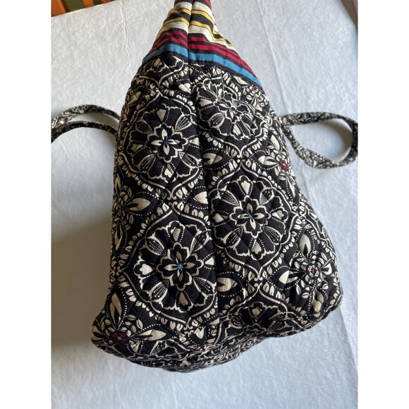 Vera Bradley Large Tote Bag With Striped Zipper & Black Floral Pattern - Picture 3 of 13